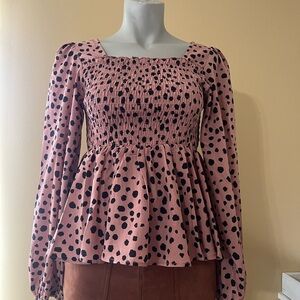 SHEIN Pink and Black Puff Sleeve Peplum Blouse